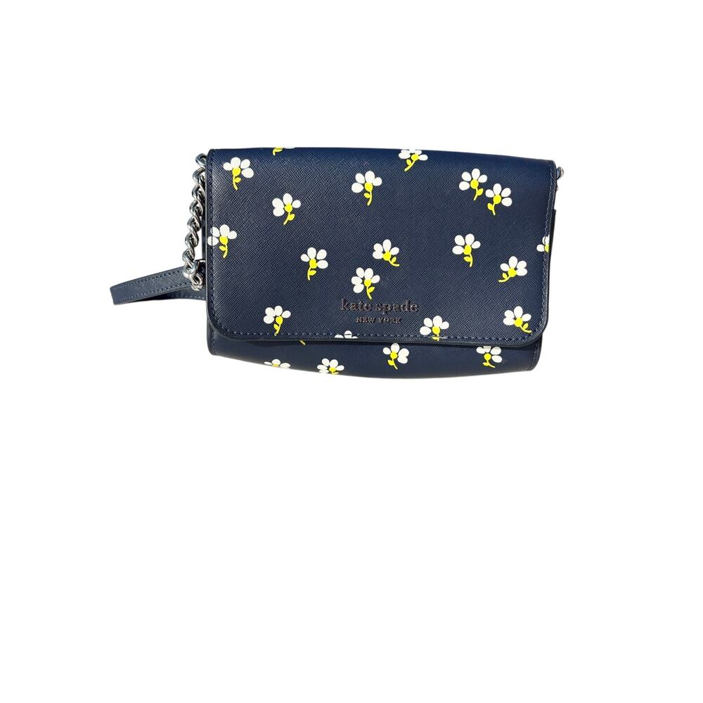 Kate Spade Small Flap Crossbody Navy Safiano Leather Daisy Toss